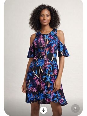 Anthro Maeve Eilia Cold Shoulder Tropical Floral Dress Blue Pink Size 2